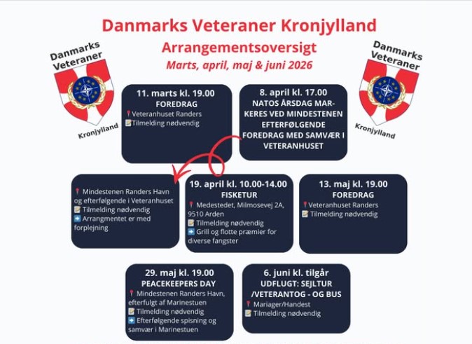 Danmarks Veteraner Kronjyllands aktivitetsoversigt for marts, april, maj og juni 2026.